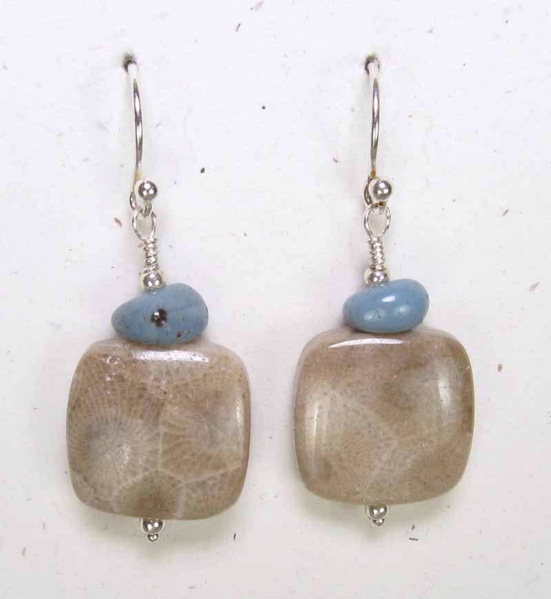 Lg Square Petoskey Stone Earrings with Leland Blue